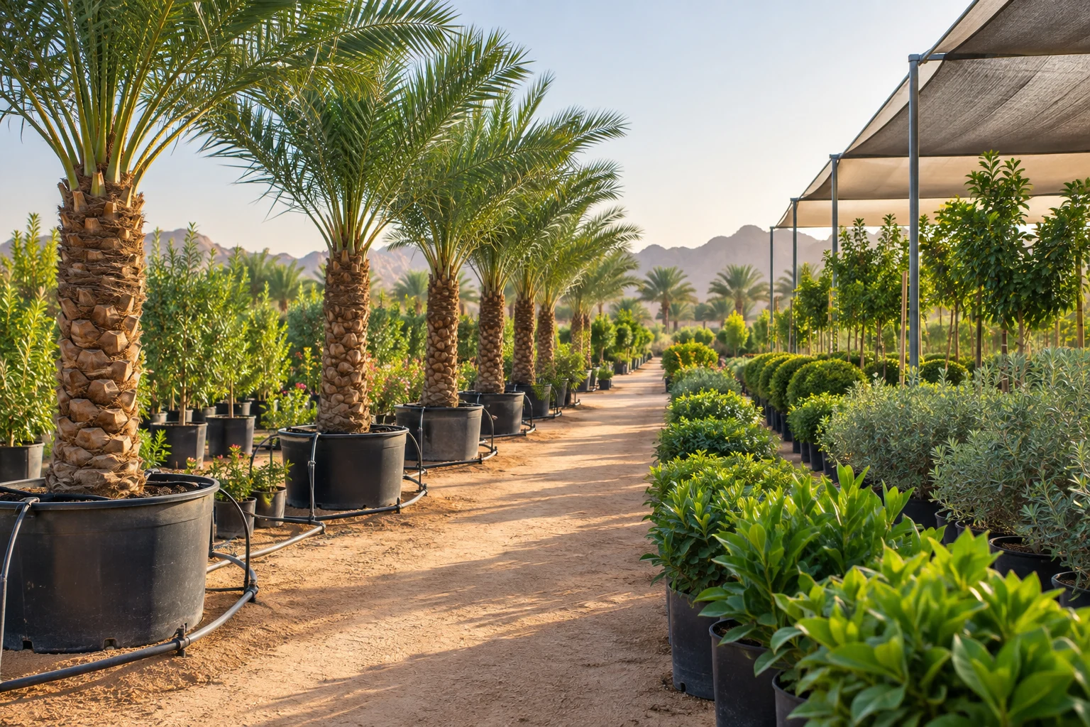 تصور توضيحي لمشتل نباتات وشبكات ري — Illustrative plant nursery and irrigation